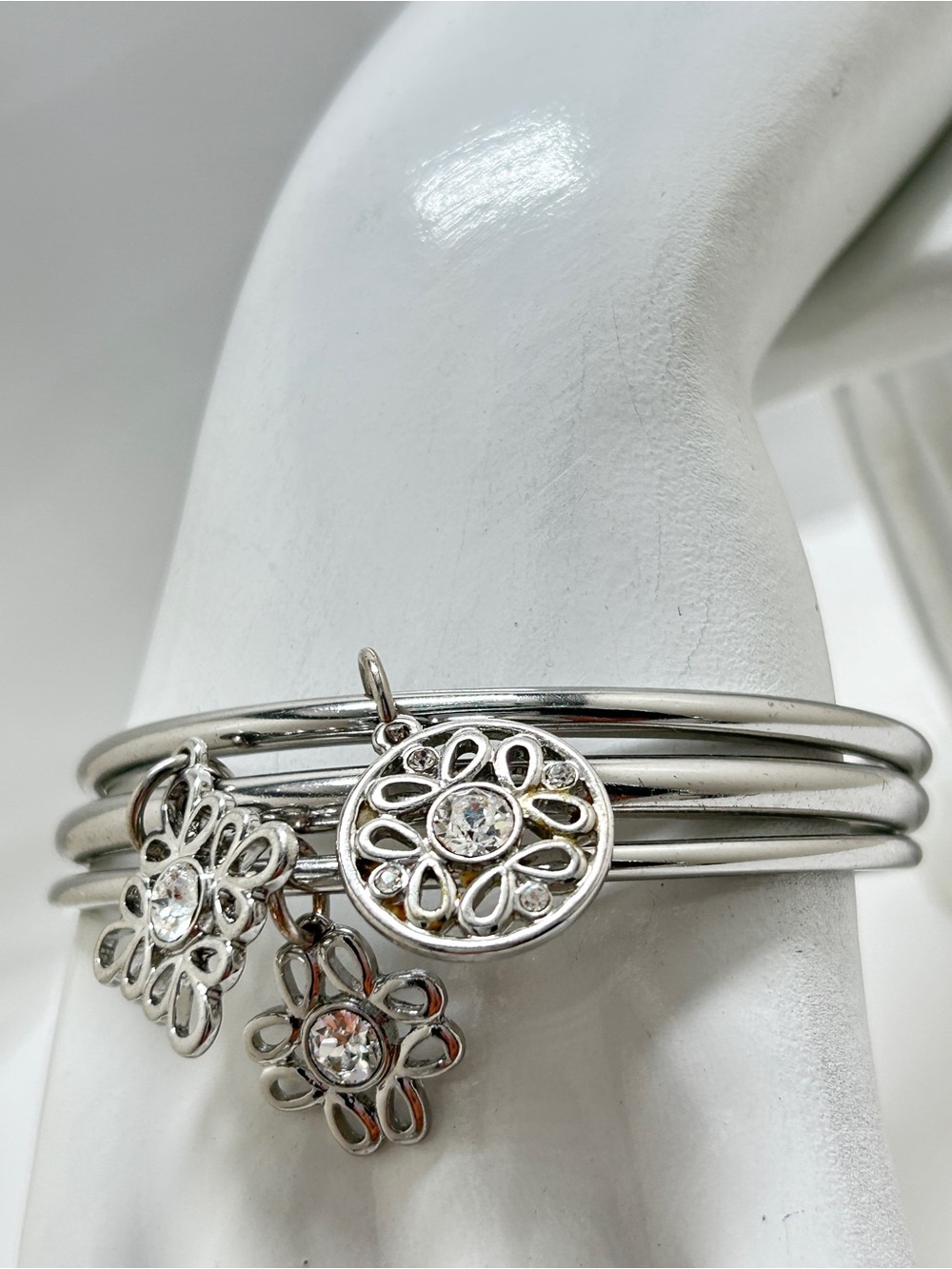 Ivy Lane, 3 Polished Silver Bangle Bracelets With Crystal Charms, IOB